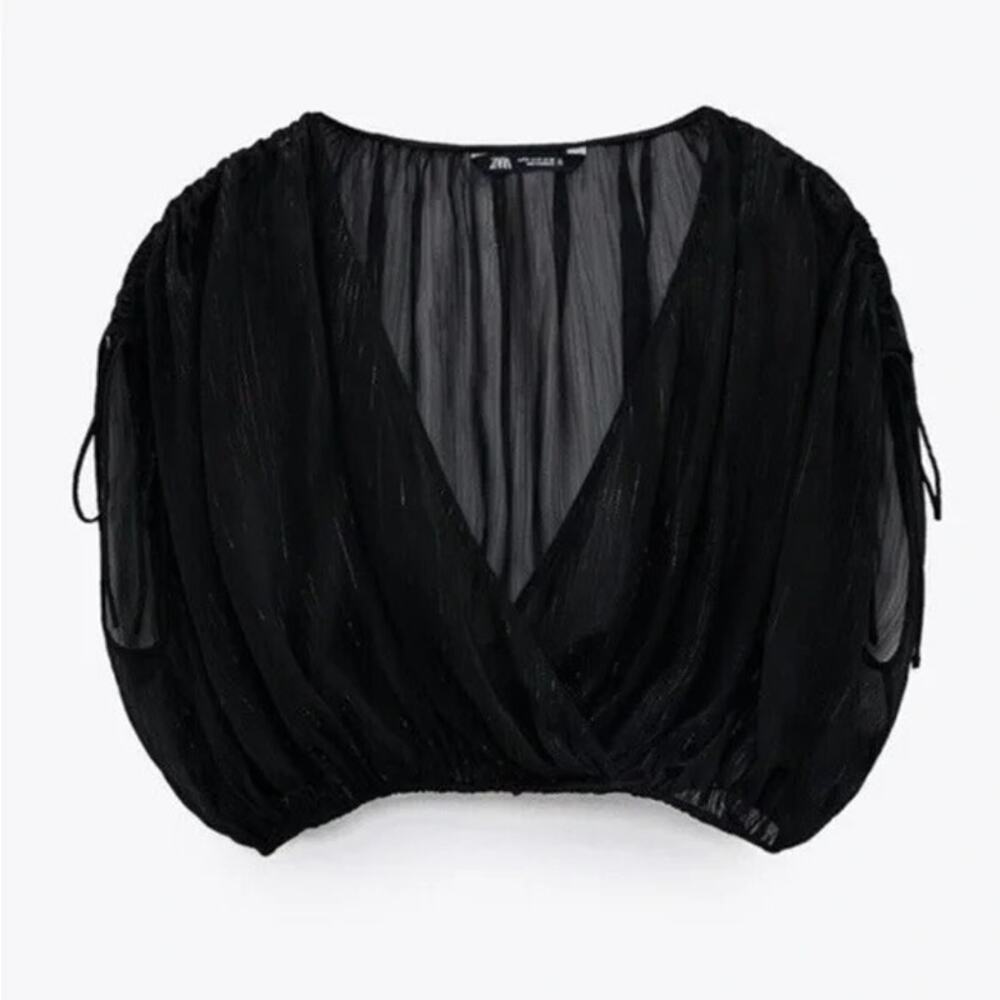 ZARA NWT Metallic Thread Black Sheer Crossover Oversized Crop Top Blouse - Picture 2 of 12